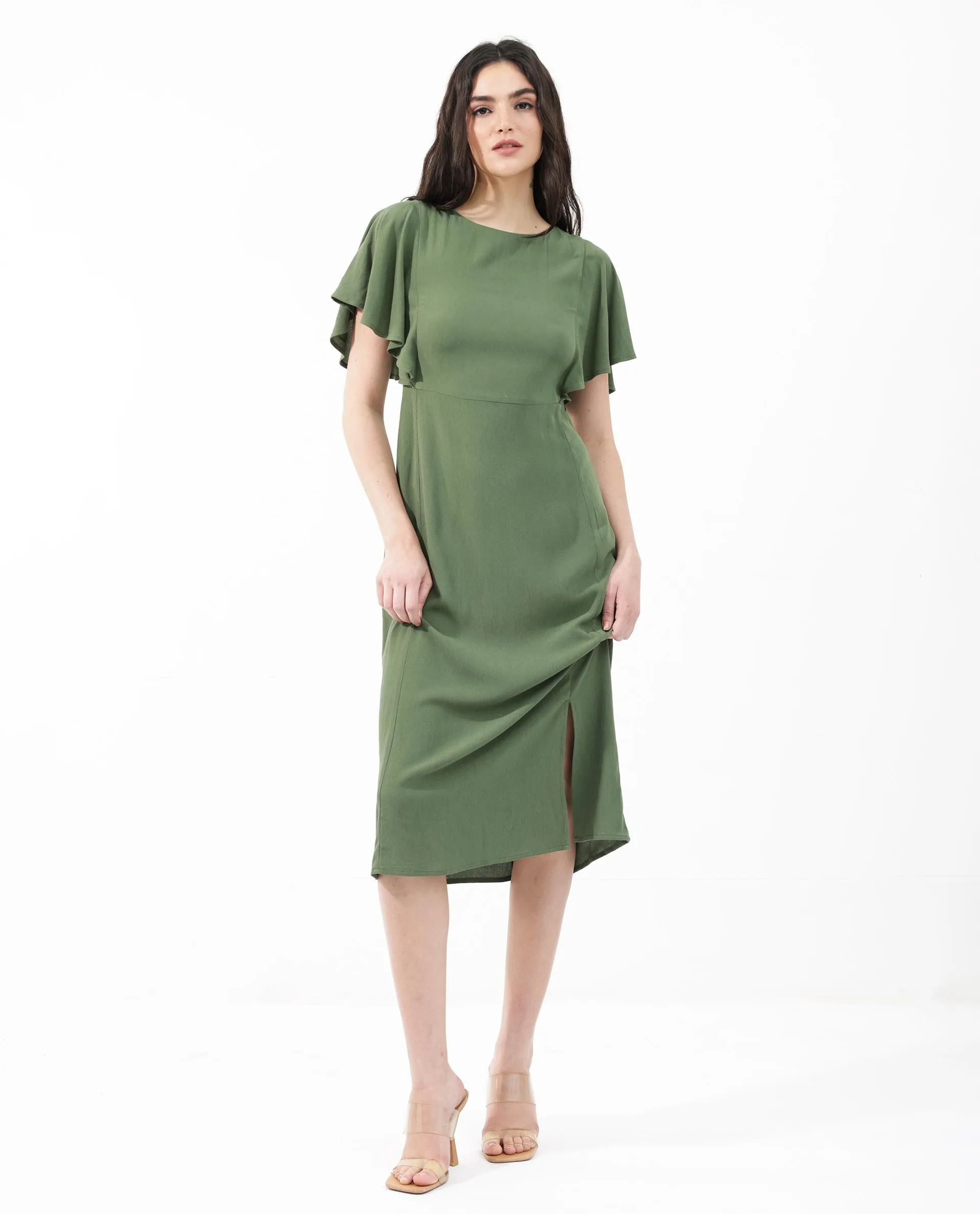 Rareism Women Dana Green Viscose Fabric Short Sleeve Round Neck Zipper Closure Solid Regular Fit Dress