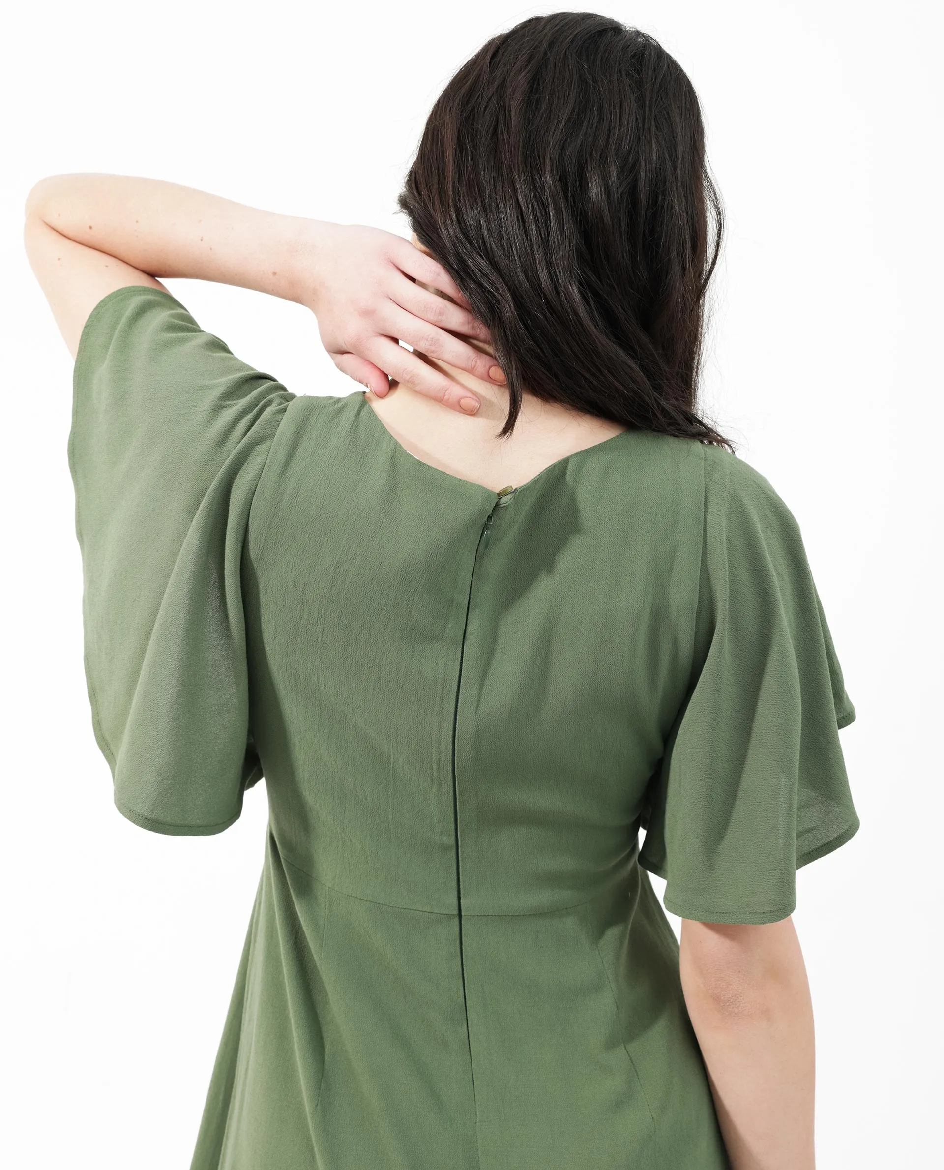 Rareism Women Dana Green Viscose Fabric Short Sleeve Round Neck Zipper Closure Solid Regular Fit Dress