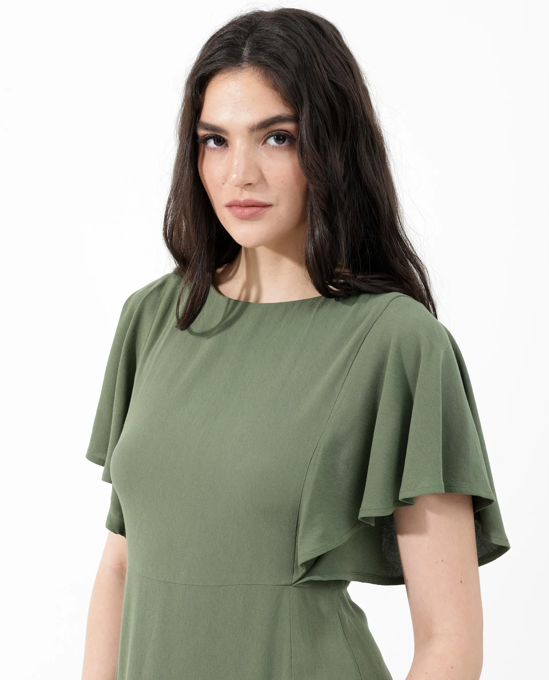 Rareism Women Dana Green Viscose Fabric Short Sleeve Round Neck Zipper Closure Solid Regular Fit Dress