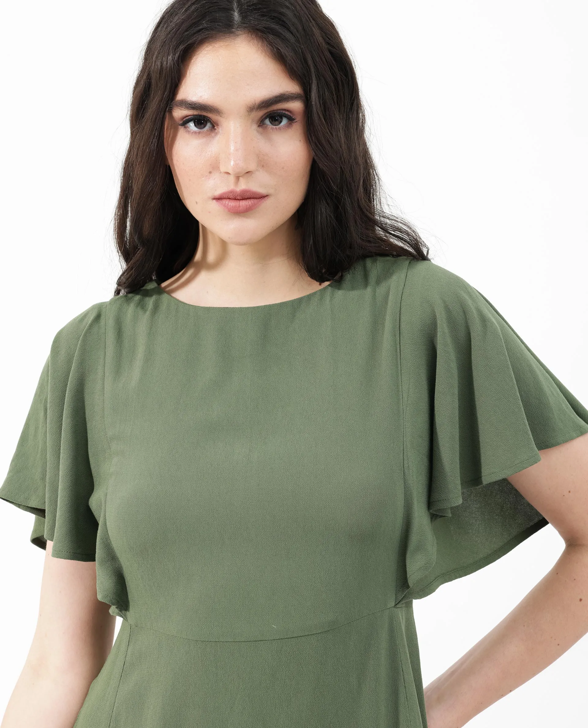 Rareism Women Dana Green Viscose Fabric Short Sleeve Round Neck Zipper Closure Solid Regular Fit Dress
