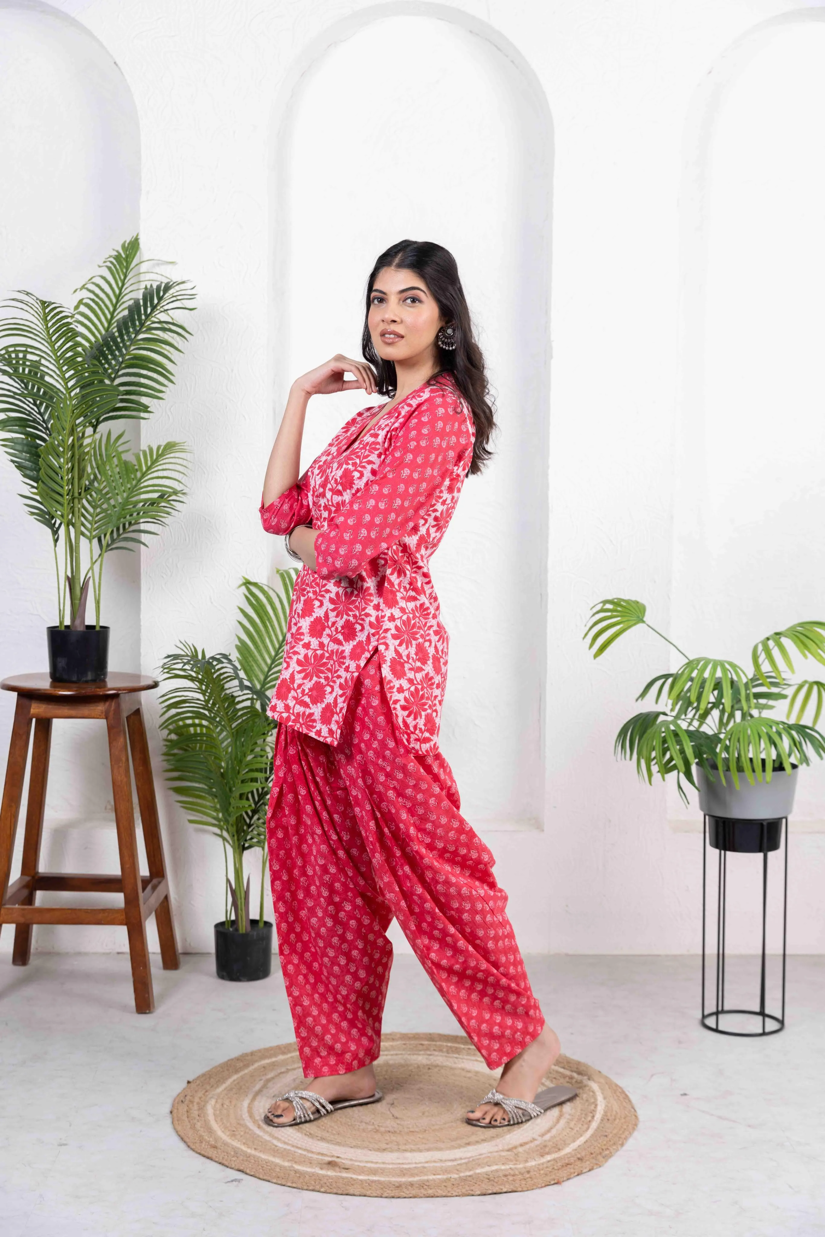 Red Cotton Combo Print Short Kurta with Salwar