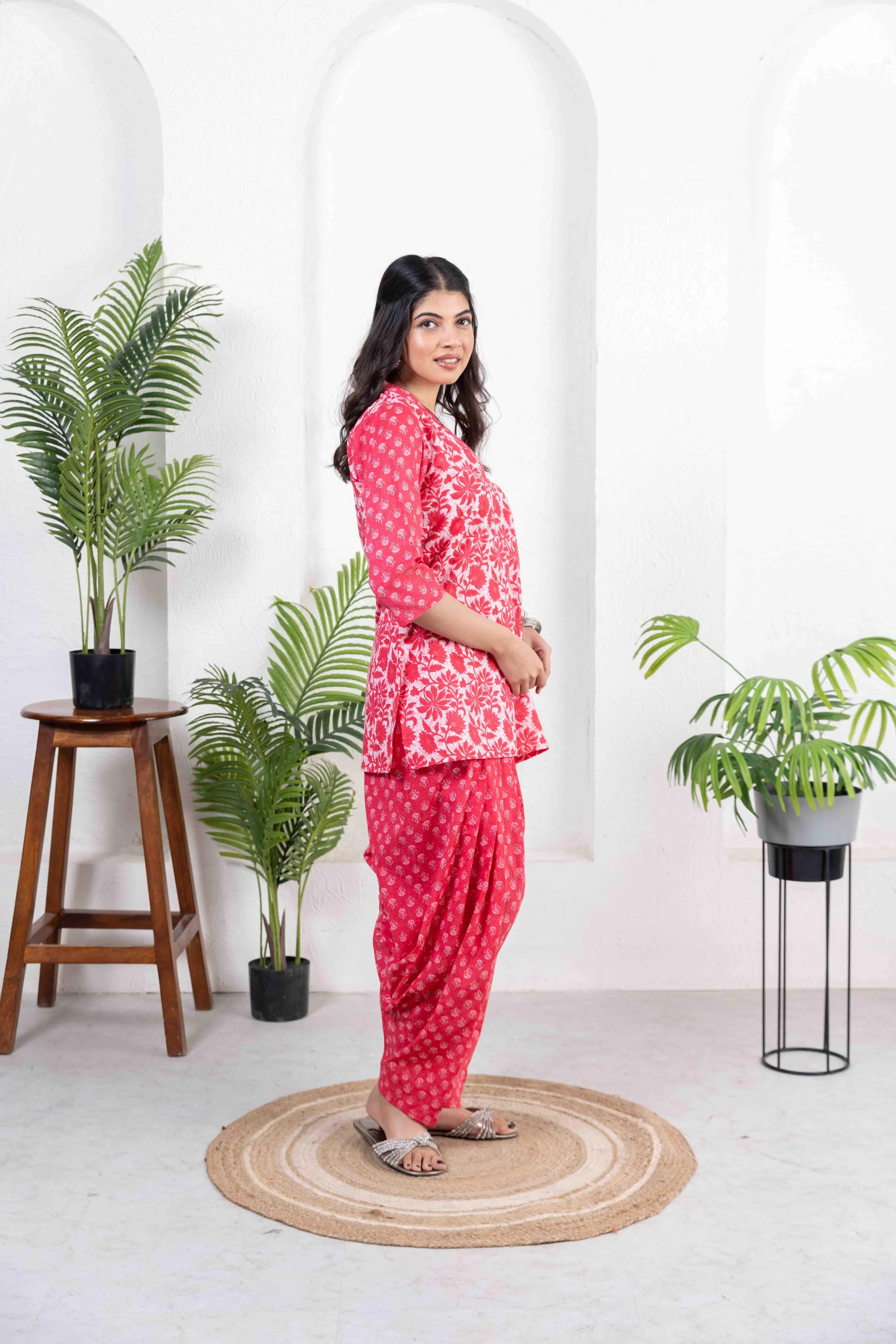 Red Cotton Combo Print Short Kurta with Salwar