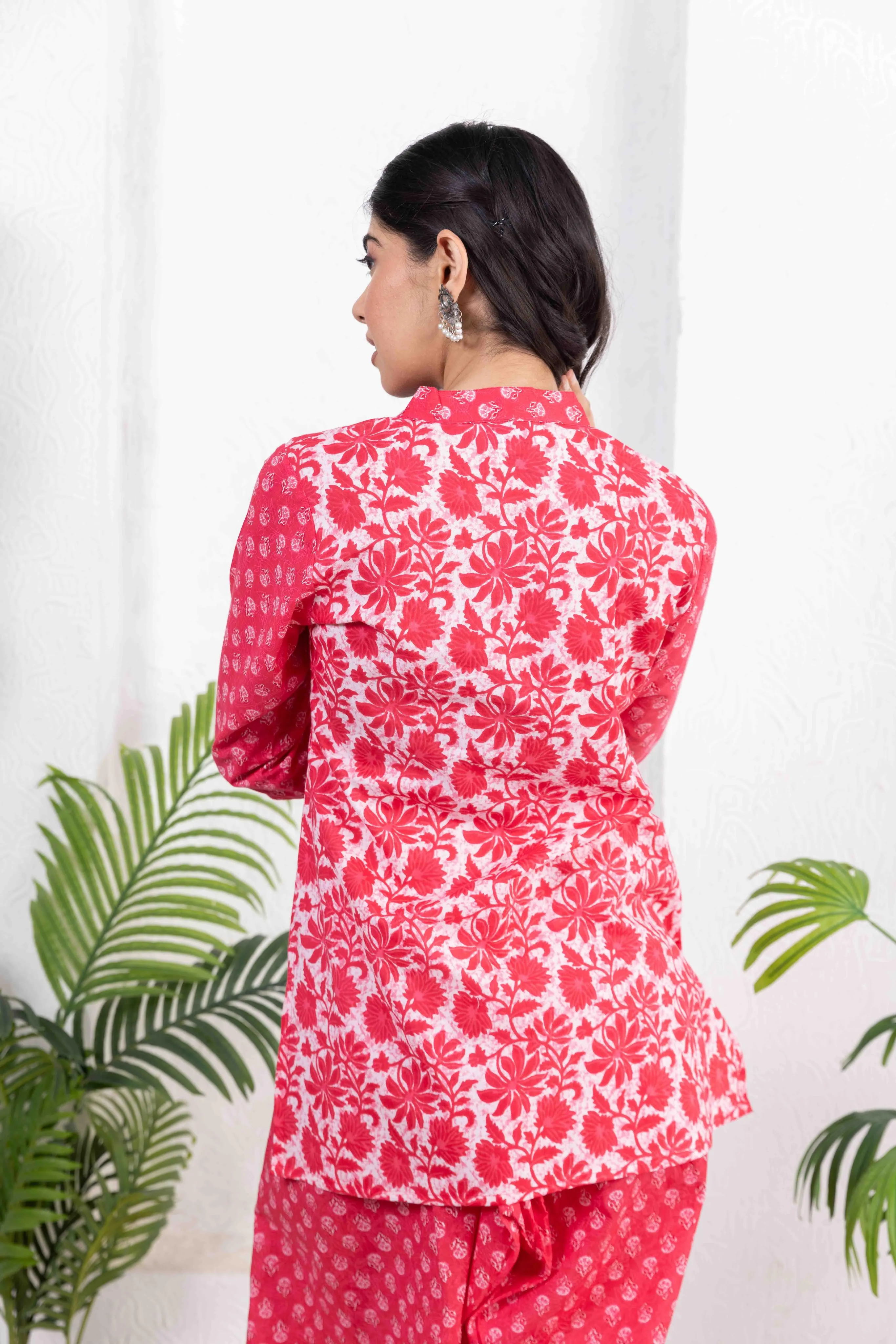 Red Cotton Combo Print Short Kurta with Salwar