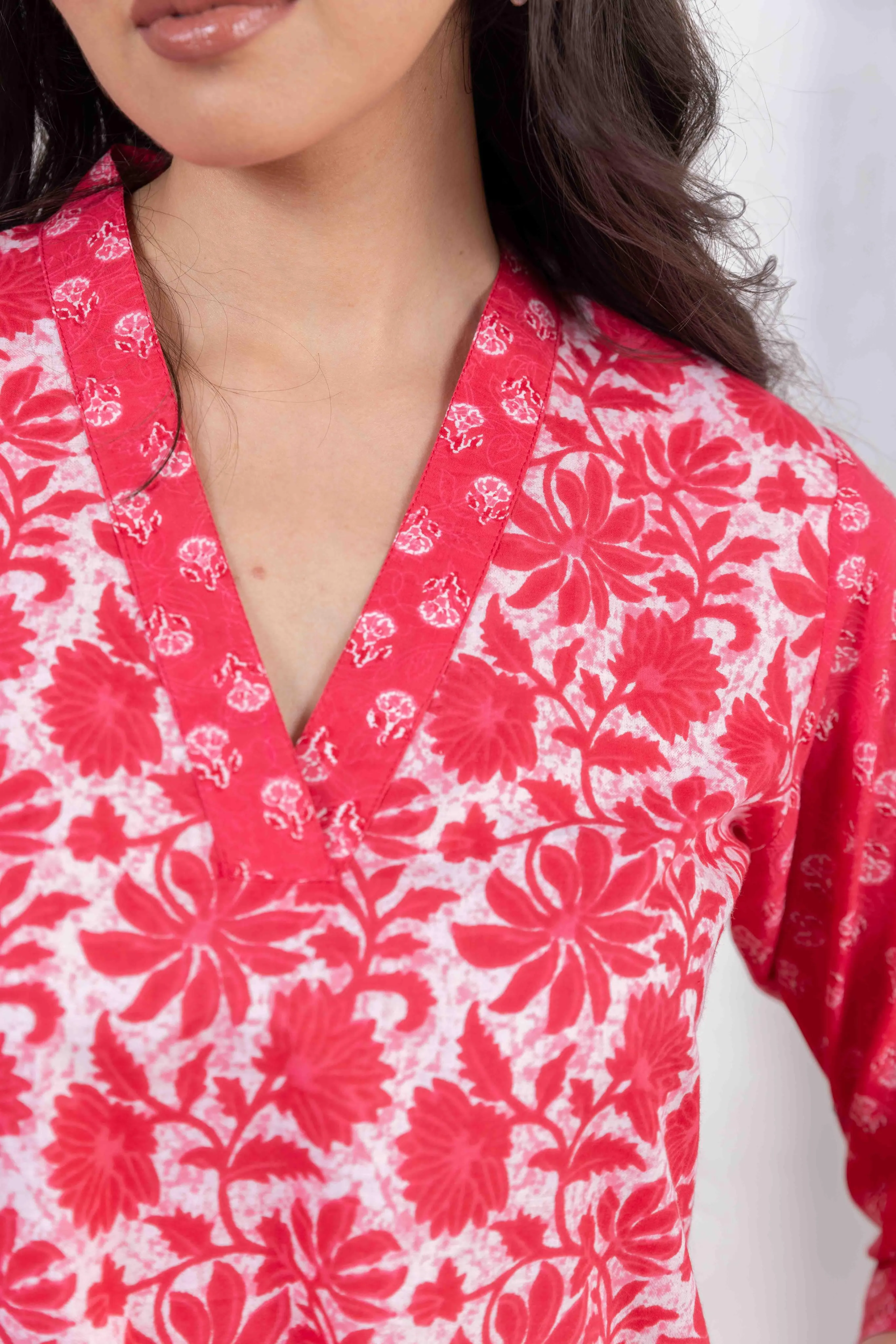 Red Cotton Combo Print Short Kurta with Salwar