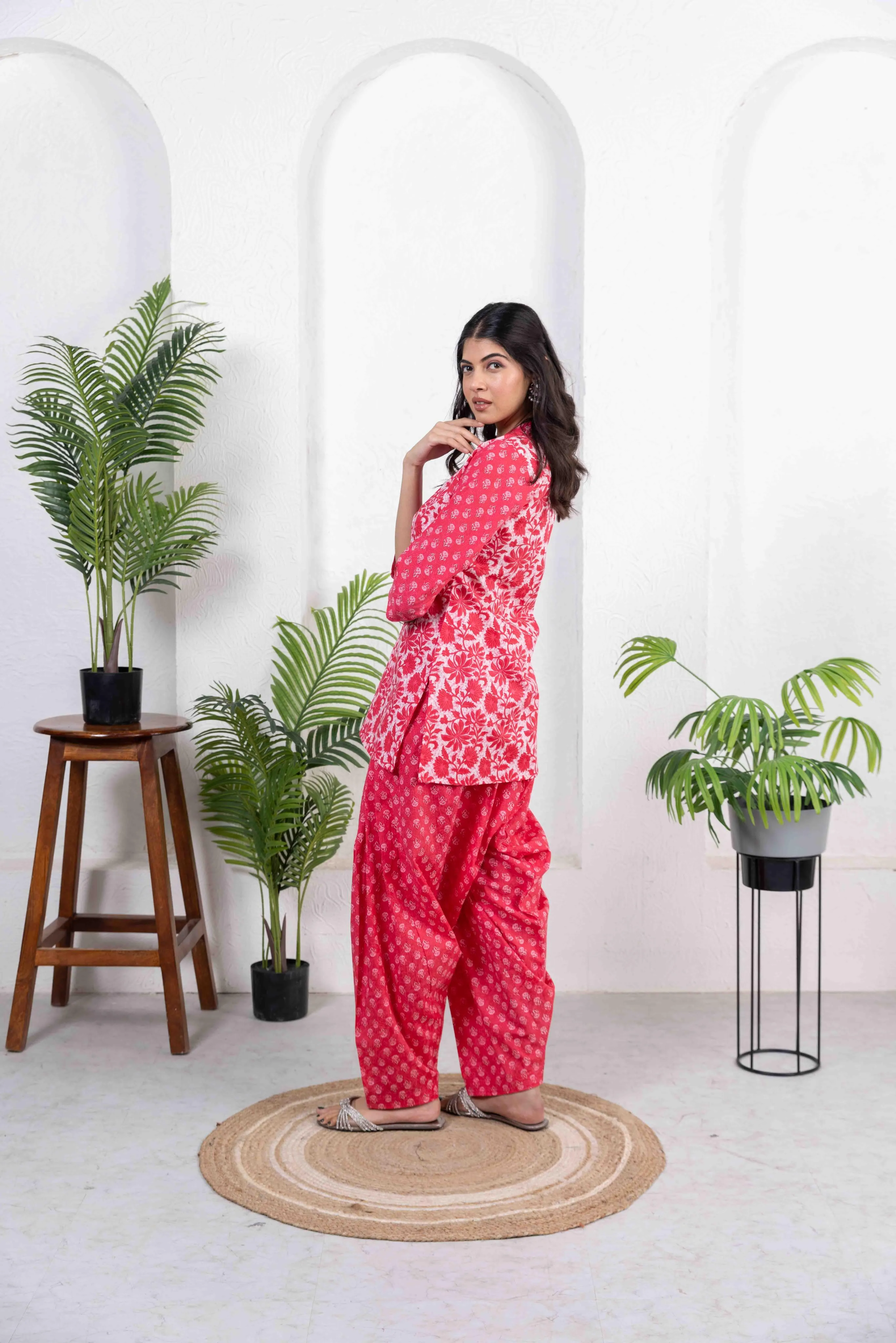 Red Cotton Combo Print Short Kurta with Salwar