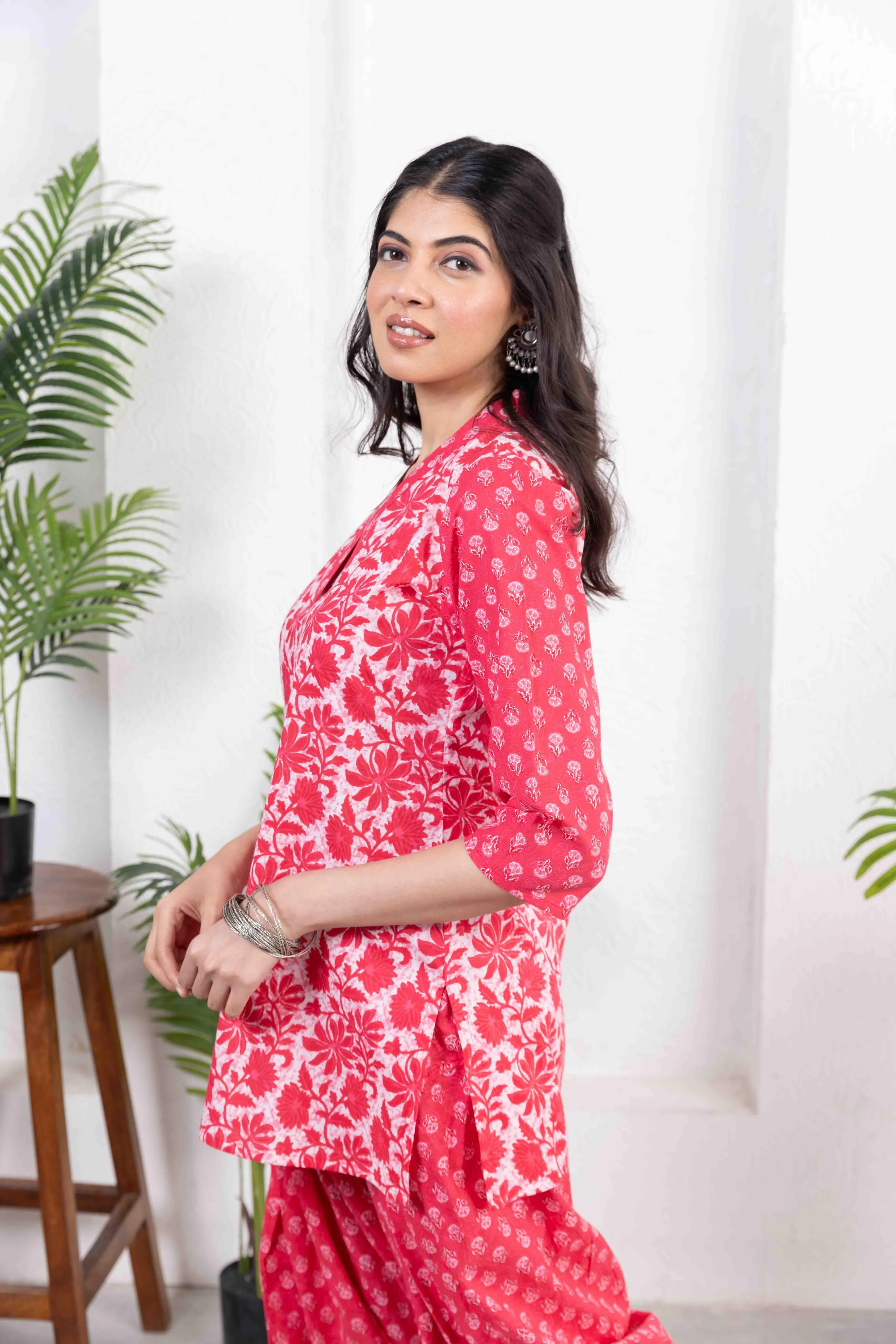 Red Cotton Combo Print Short Kurta with Salwar