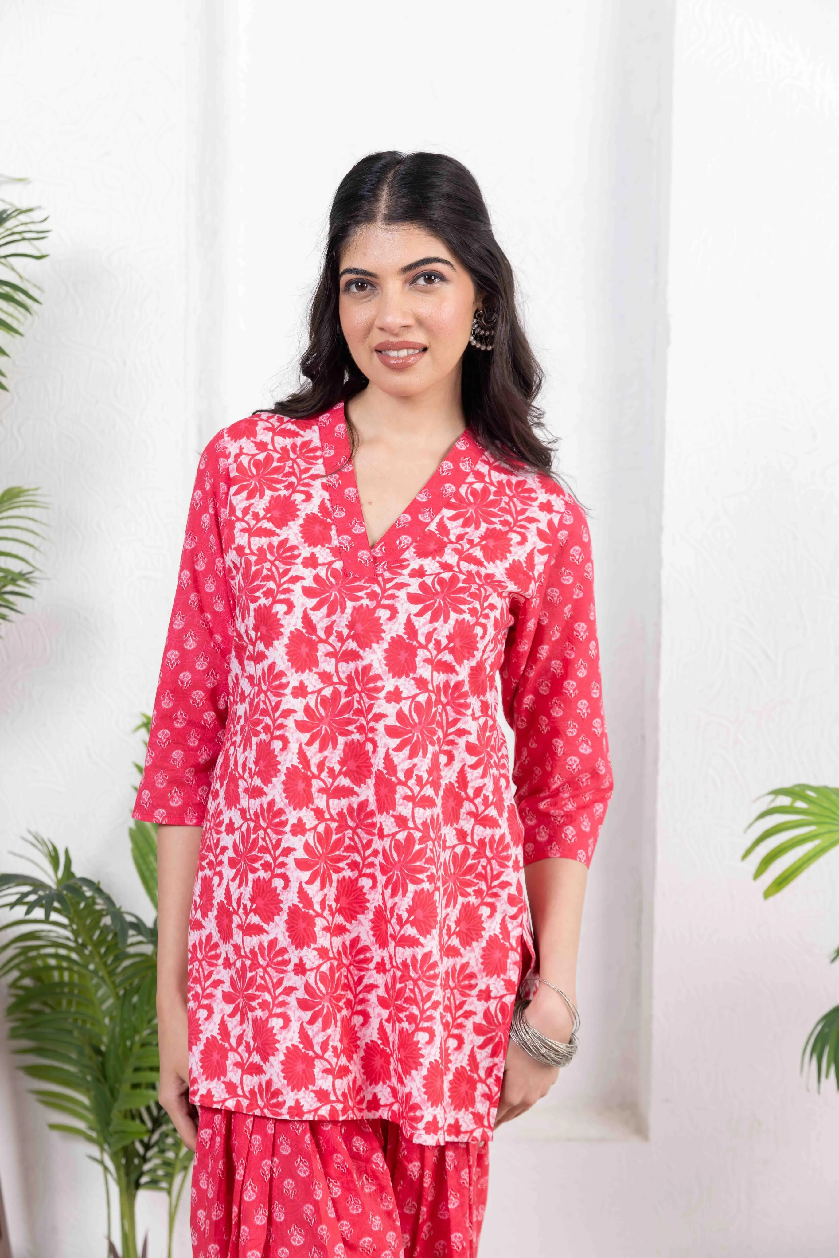 Red Cotton Combo Print Short Kurta with Salwar