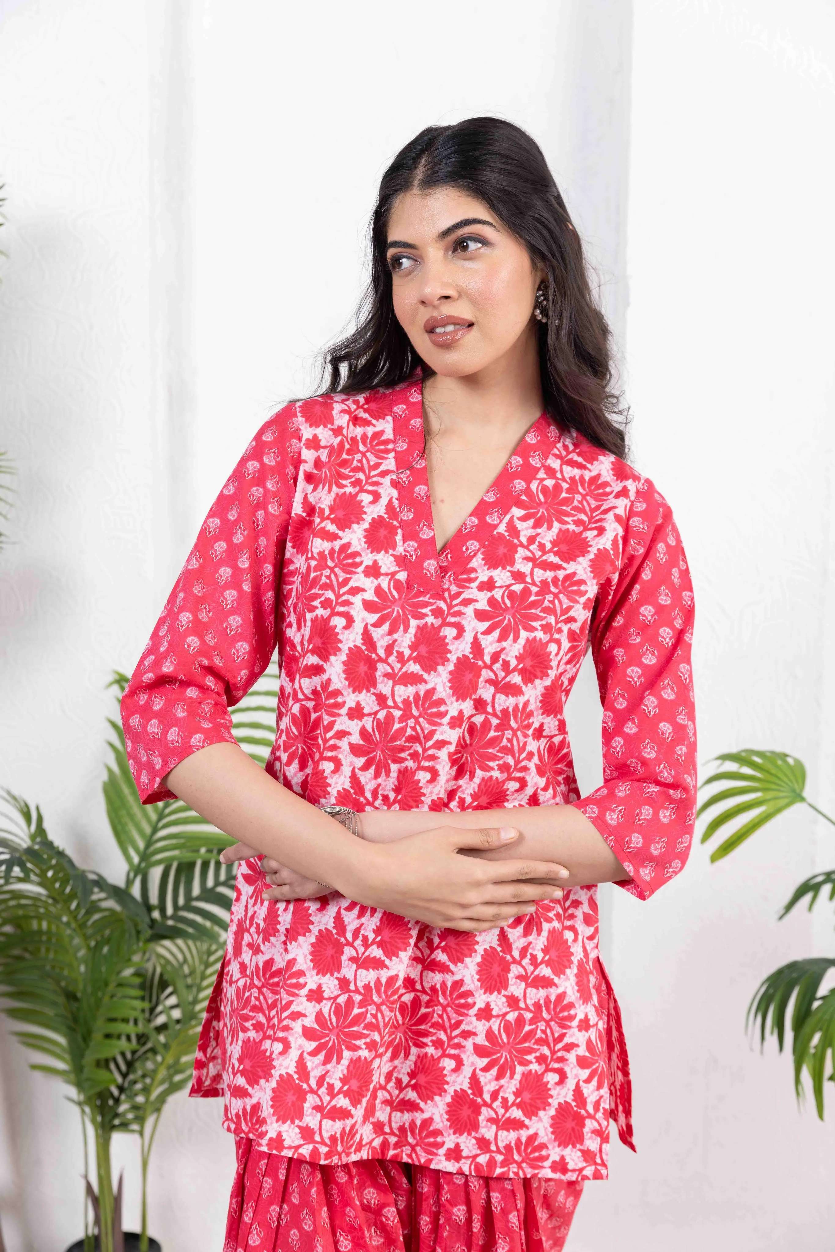 Red Cotton Combo Print Short Kurta with Salwar