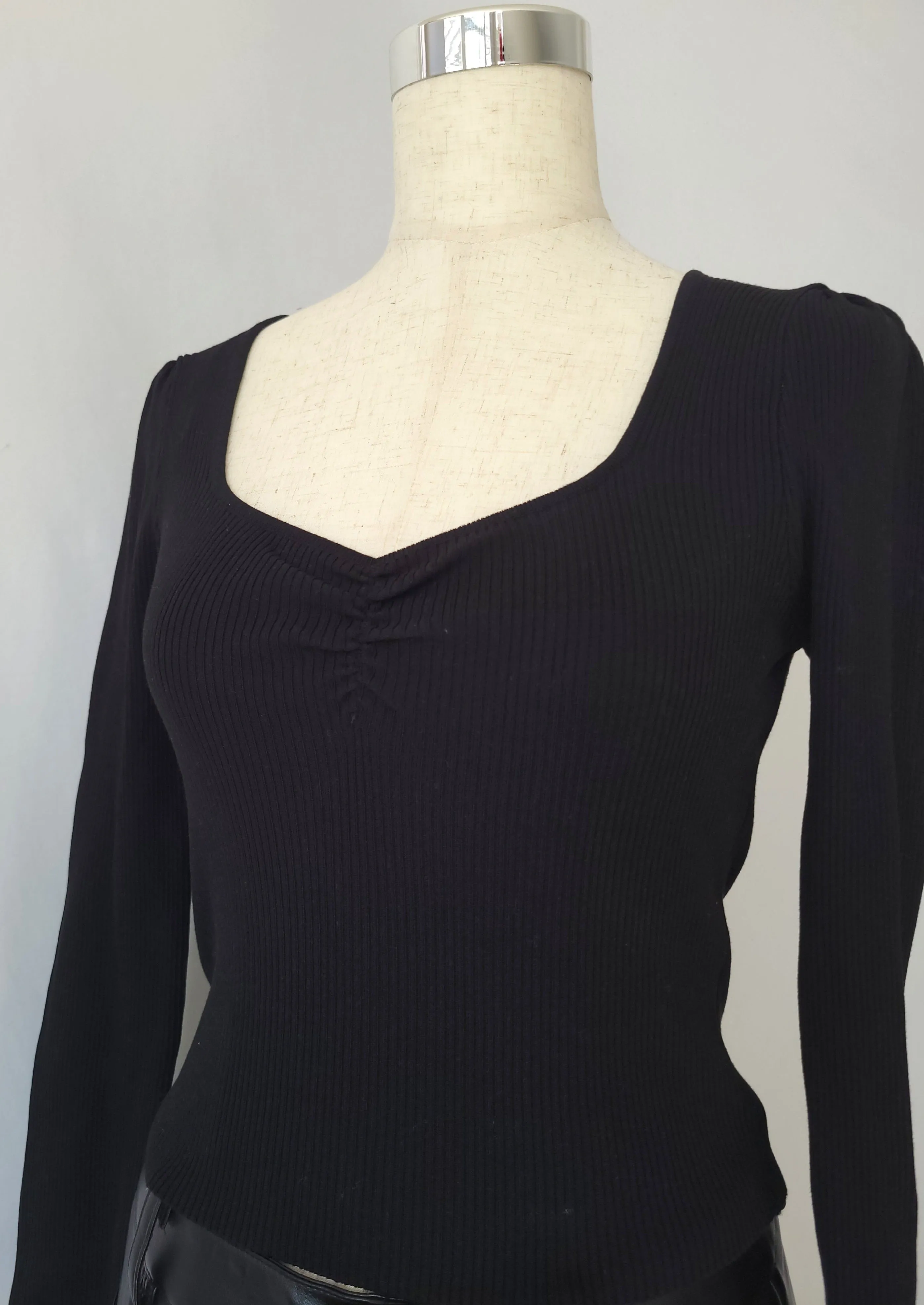 Ruched Bust Long Sleeve Top-Black S-XL
