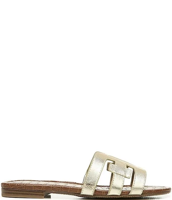 Sam Edelman Bay Gold Rounded Open Toe Slip On Leather Strap Flat Slide Sandals