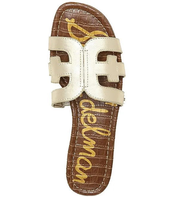 Sam Edelman Bay Gold Rounded Open Toe Slip On Leather Strap Flat Slide Sandals