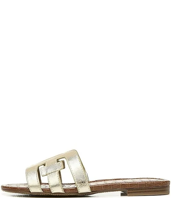 Sam Edelman Bay Gold Rounded Open Toe Slip On Leather Strap Flat Slide Sandals