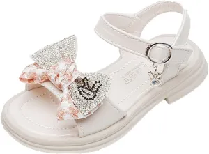 Sandals for Girls Leather Rhinestones Bow Soft Open Toe Princess Dress Flat Shoes Summer Outdoor Beach Sandals (Beige, 3 Big Kids)