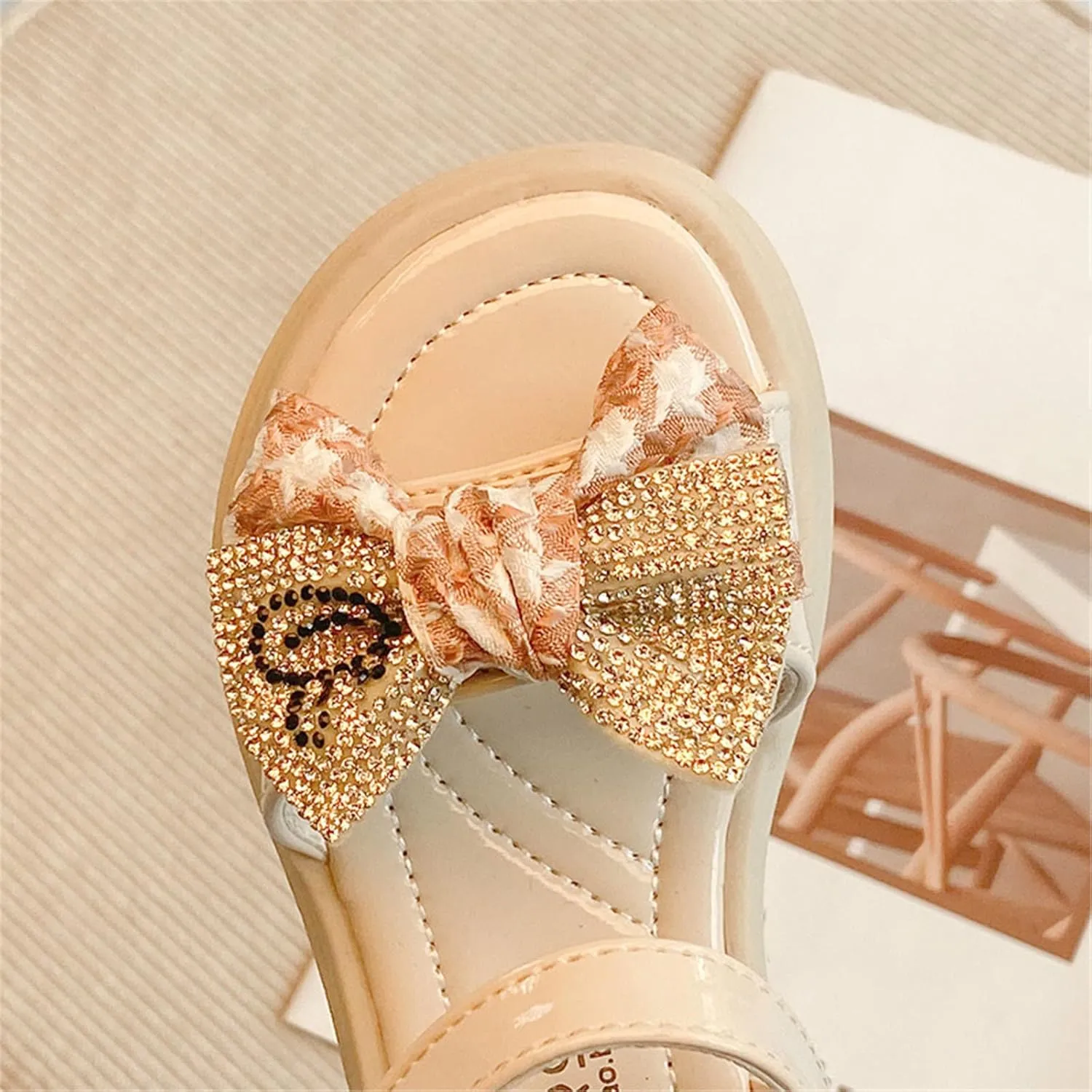 Sandals for Girls Leather Rhinestones Bow Soft Open Toe Princess Dress Flat Shoes Summer Outdoor Beach Sandals (Beige, 3 Big Kids)