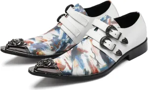 Santimon Men??s Double Monk Strap Loafers Party Dress Leather Shoes with Artistic Print & Metal Toe ?C Slip-On Buckle Colorful Loafers for Wedding Stage Bar