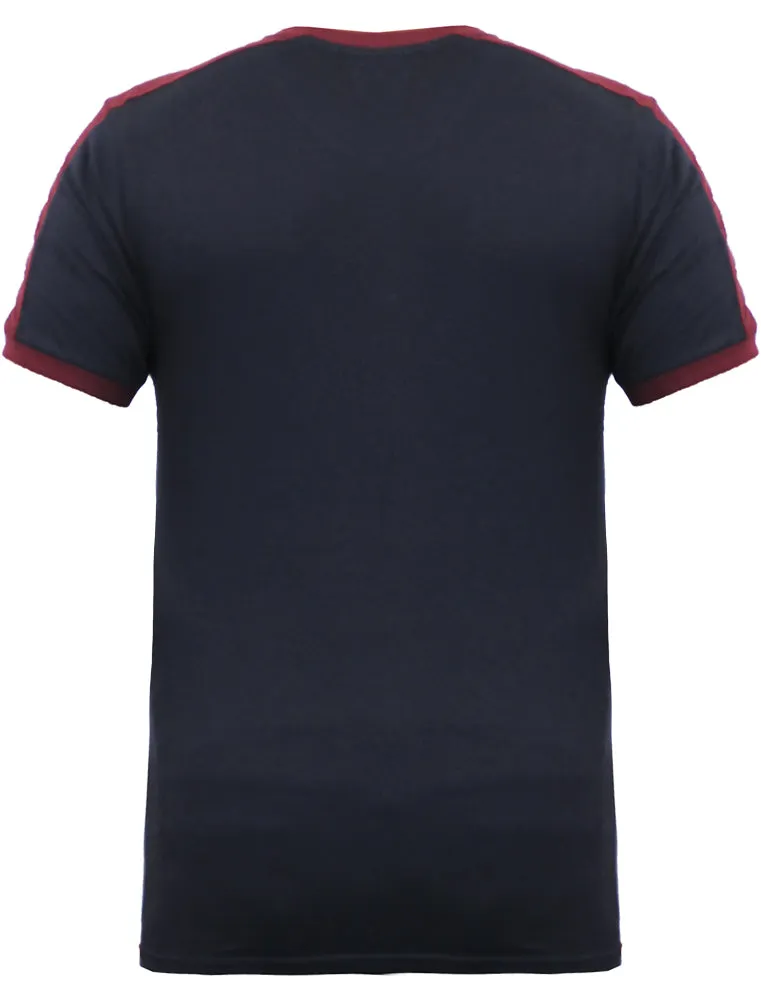 Satori Baseball Motif Crew Neck Ringer T-Shirt in Navy