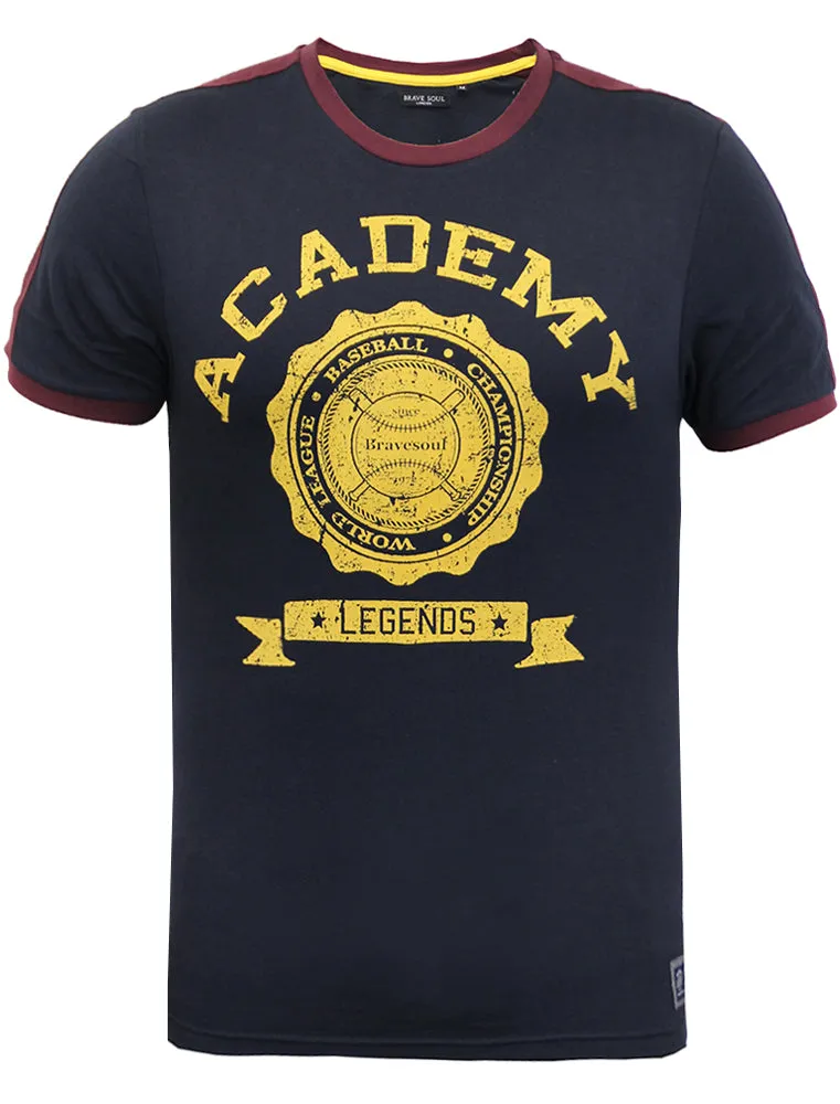 Satori Baseball Motif Crew Neck Ringer T-Shirt in Navy