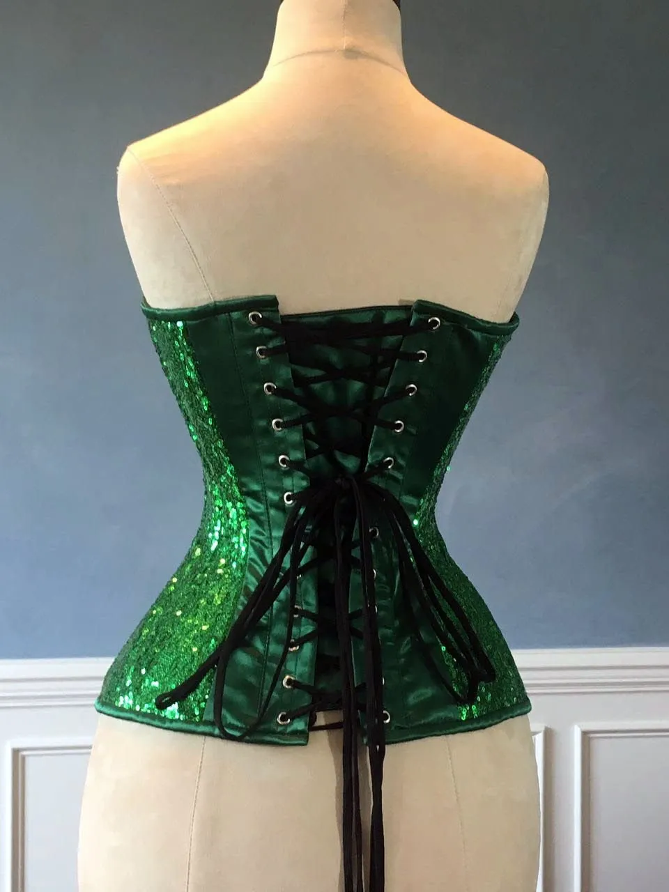 Shiny sequins and satin overbust authentic corset with long hip-line. Steel-boned corset for tight lacing, Poison Ivy cosplay green corset