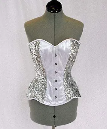 Shiny sequins and satin overbust authentic corset with long hip-line. Steel-boned corset for tight lacing, Poison Ivy cosplay green corset