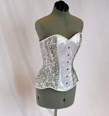 Shiny sequins and satin overbust authentic corset with long hip-line. Steel-boned corset for tight lacing, Poison Ivy cosplay green corset