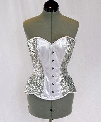 Shiny sequins and satin overbust authentic corset with long hip-line. Steel-boned corset for tight lacing, prom, gothic, wedding, valentine
