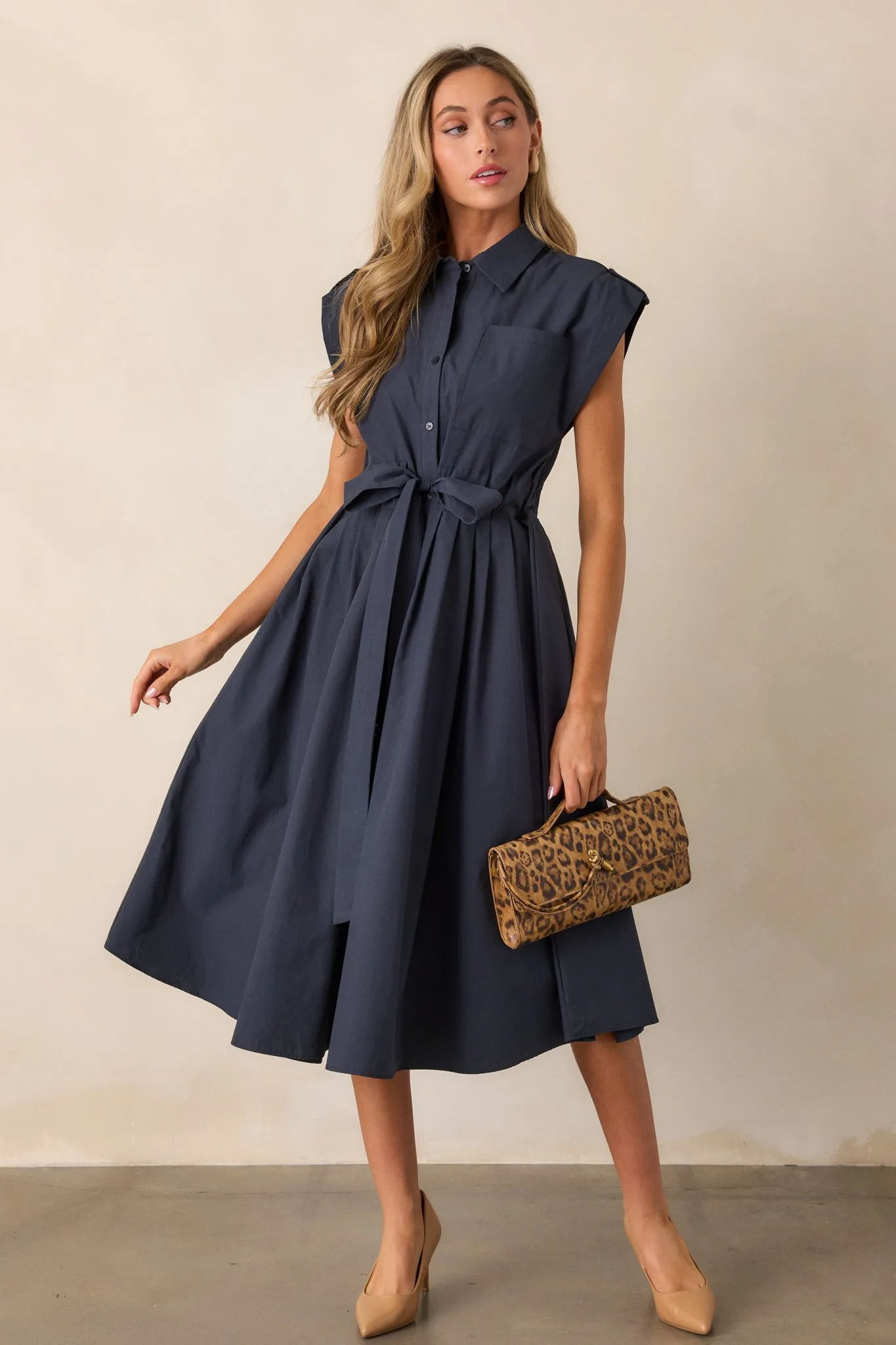 Ties To You 100% Cotton Navy Cap Sleeve Midi Dress