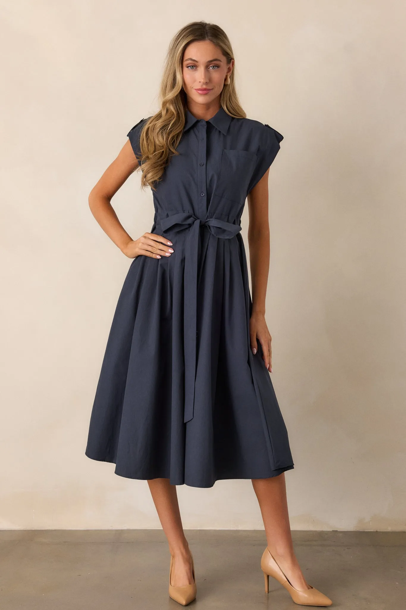 Ties To You 100% Cotton Navy Cap Sleeve Midi Dress