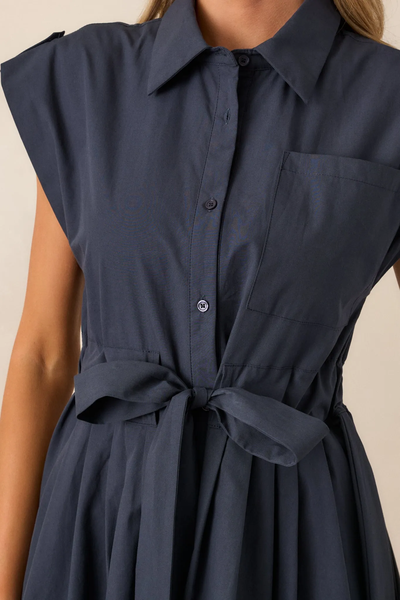 Ties To You 100% Cotton Navy Cap Sleeve Midi Dress