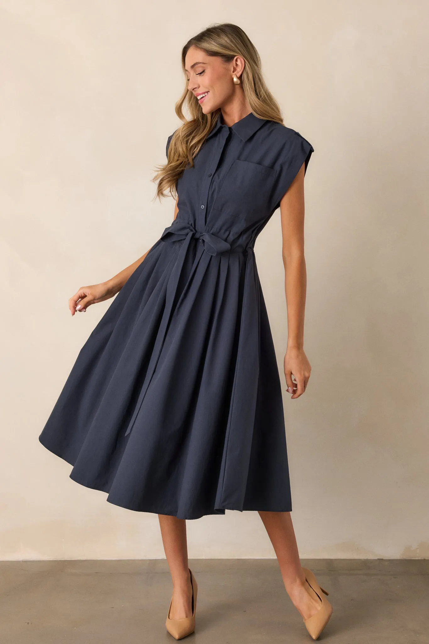 Ties To You 100% Cotton Navy Cap Sleeve Midi Dress