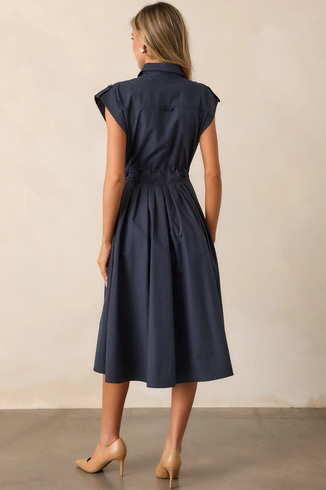 Ties To You 100% Cotton Navy Cap Sleeve Midi Dress