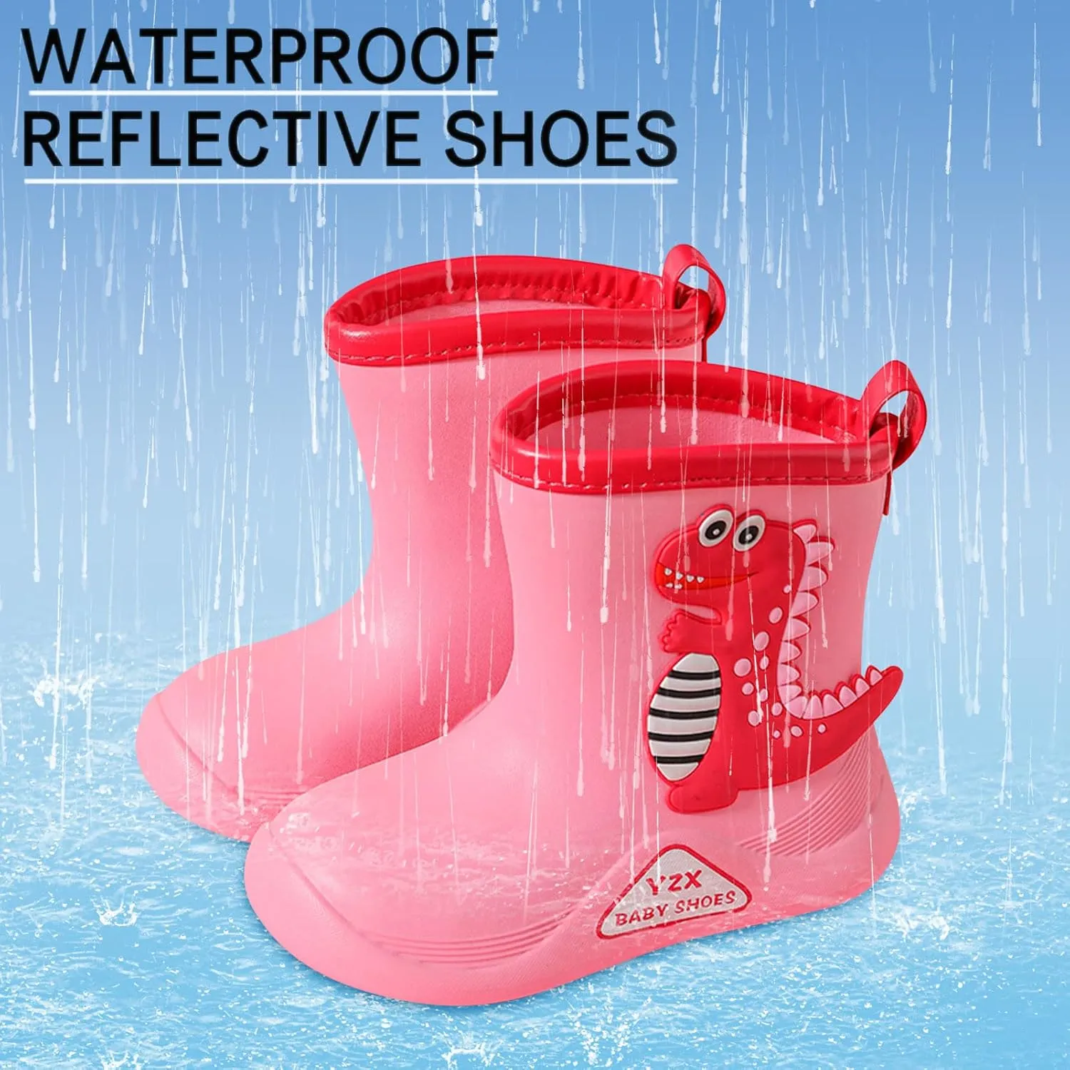 Toddler Dinosaur Rain Boots, Waterproof Rubber Kids Rain Boots for Girls Boys Unisex-Child Outdoor Toddler Furry Boots