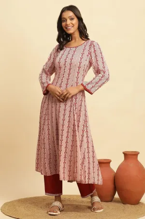 White And Red Printed A-Line Kurta