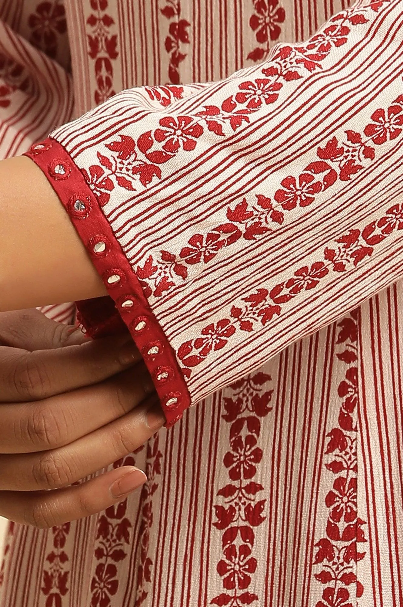 White And Red Printed A-Line Kurta