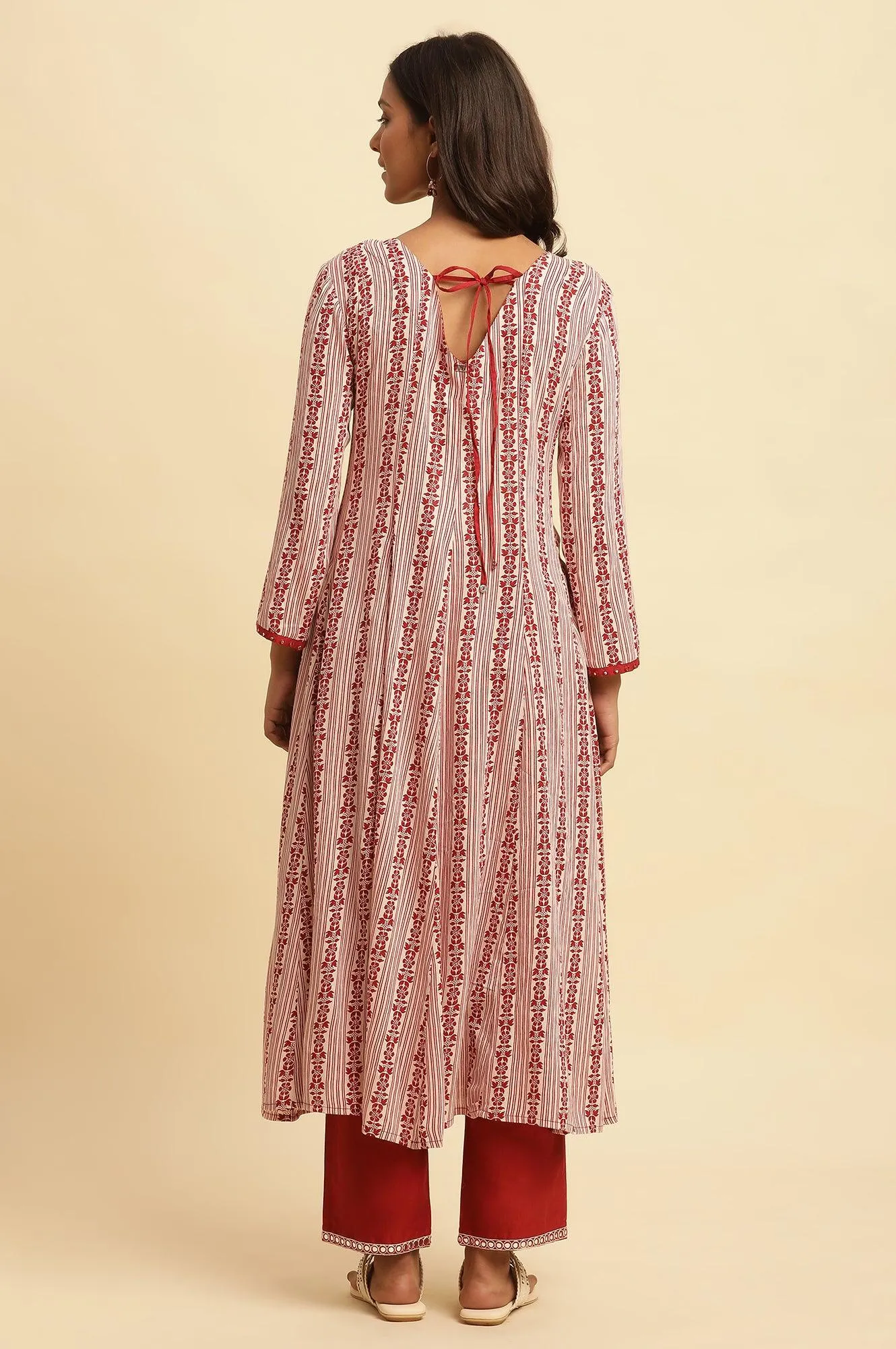 White And Red Printed A-Line Kurta