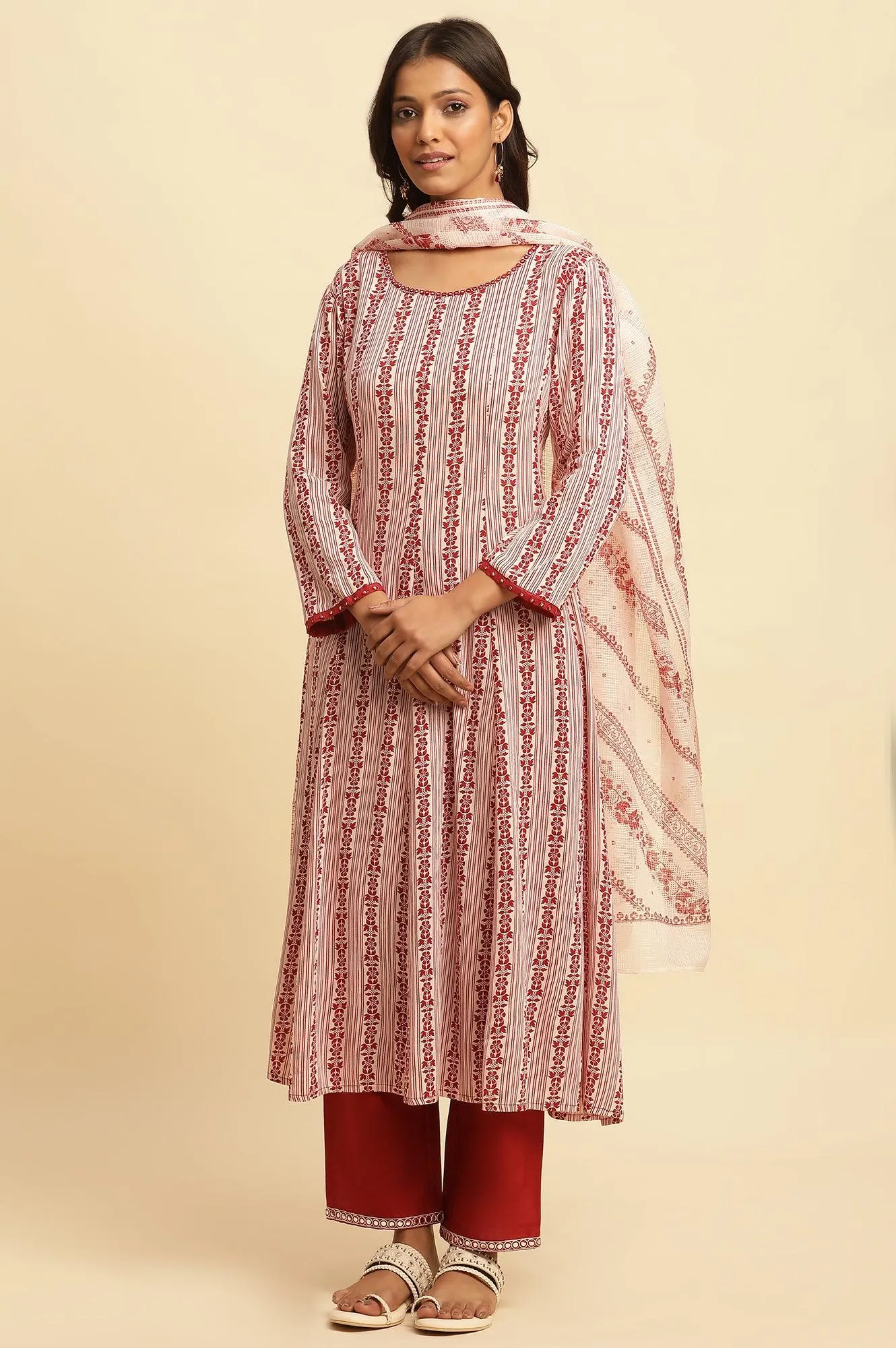 White And Red Printed A-Line Kurta