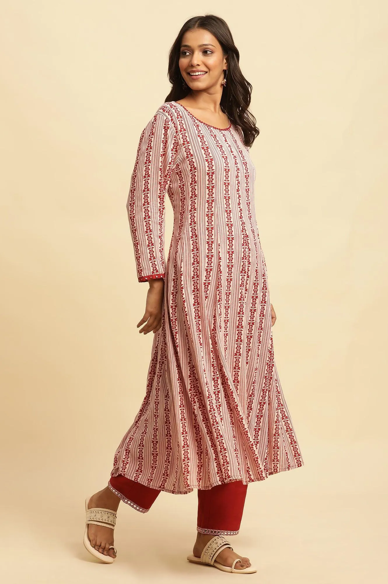 White And Red Printed A-Line Kurta