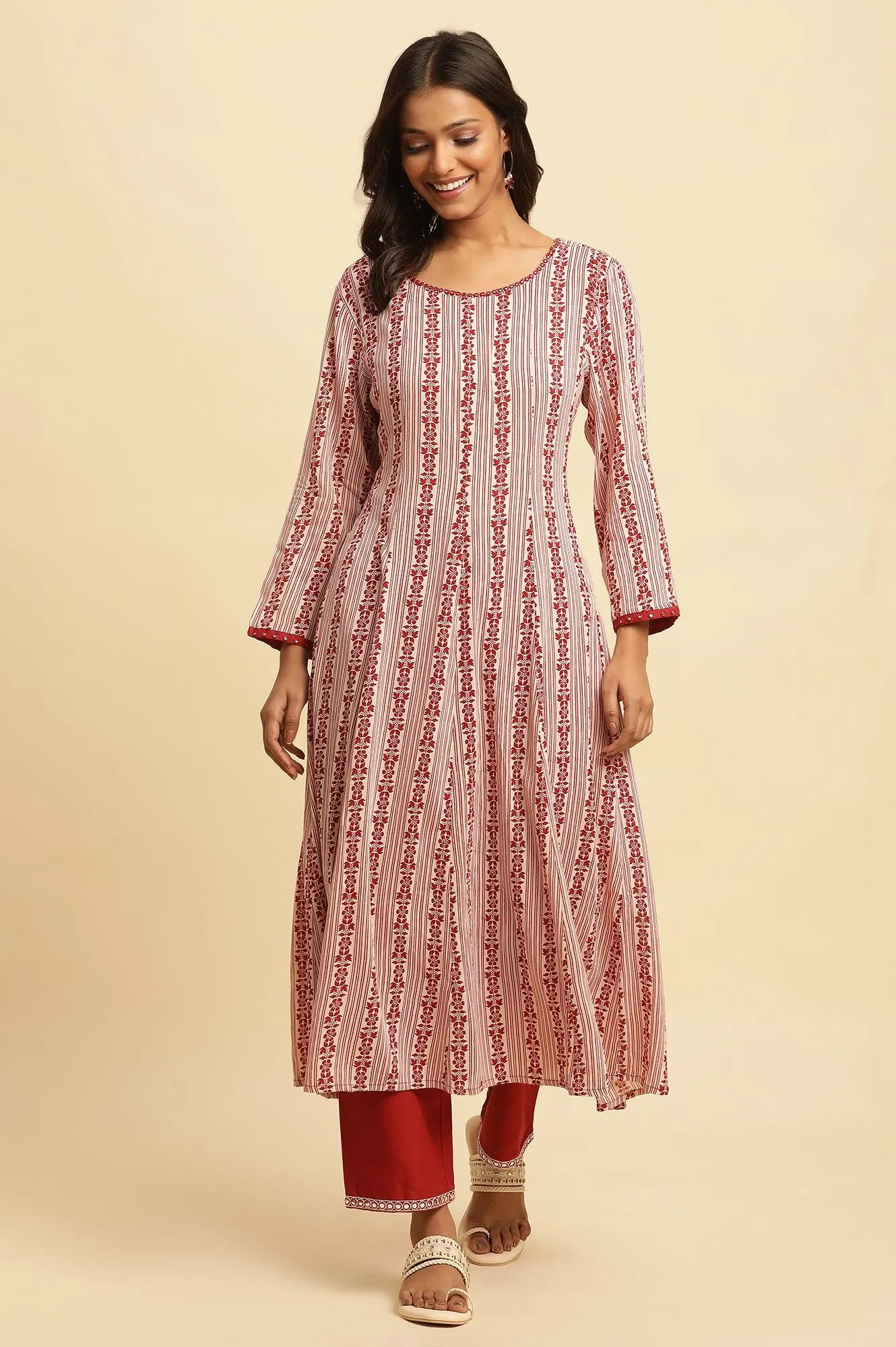 White And Red Printed A-Line Kurta