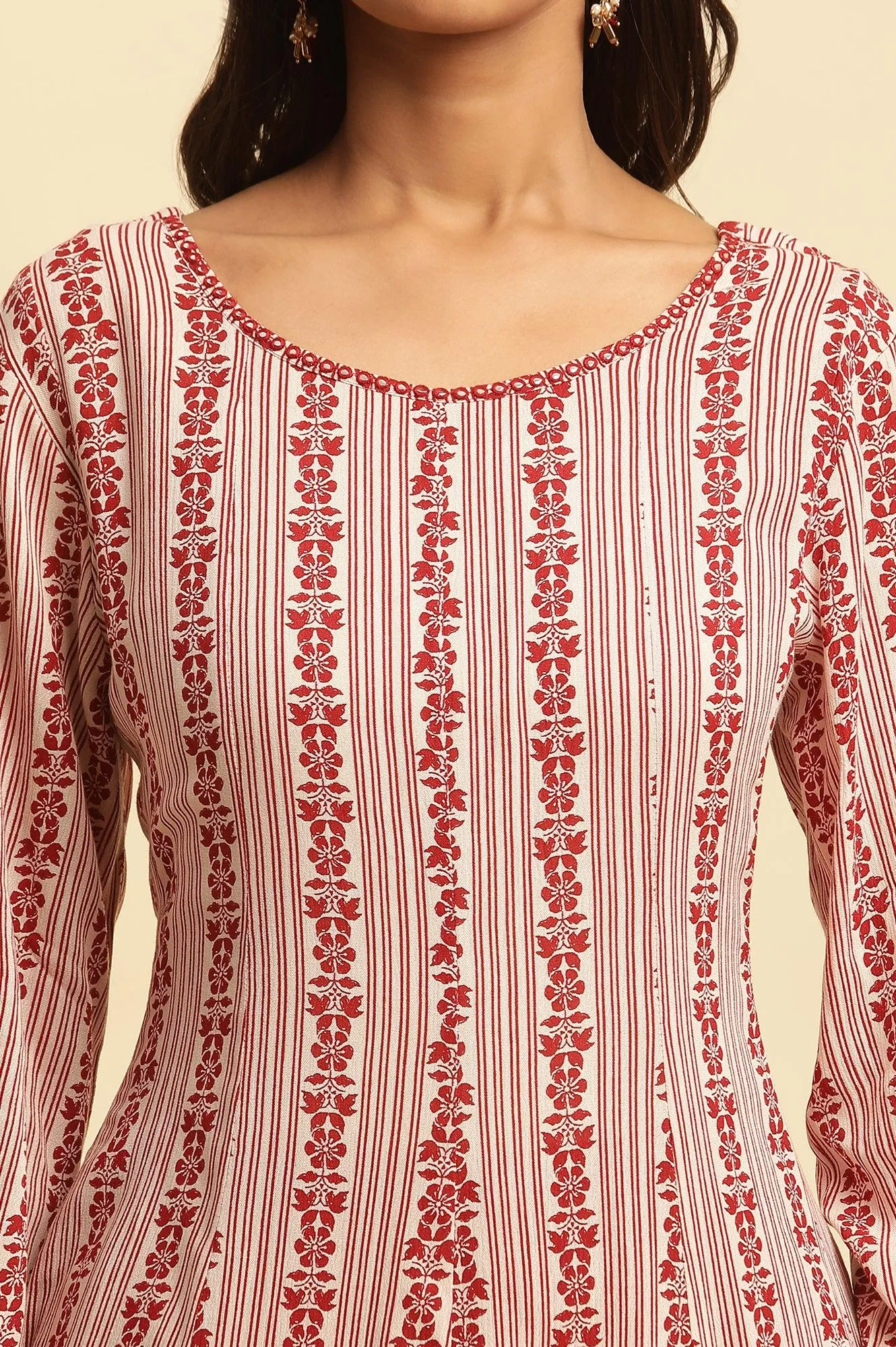 White And Red Printed A-Line Kurta