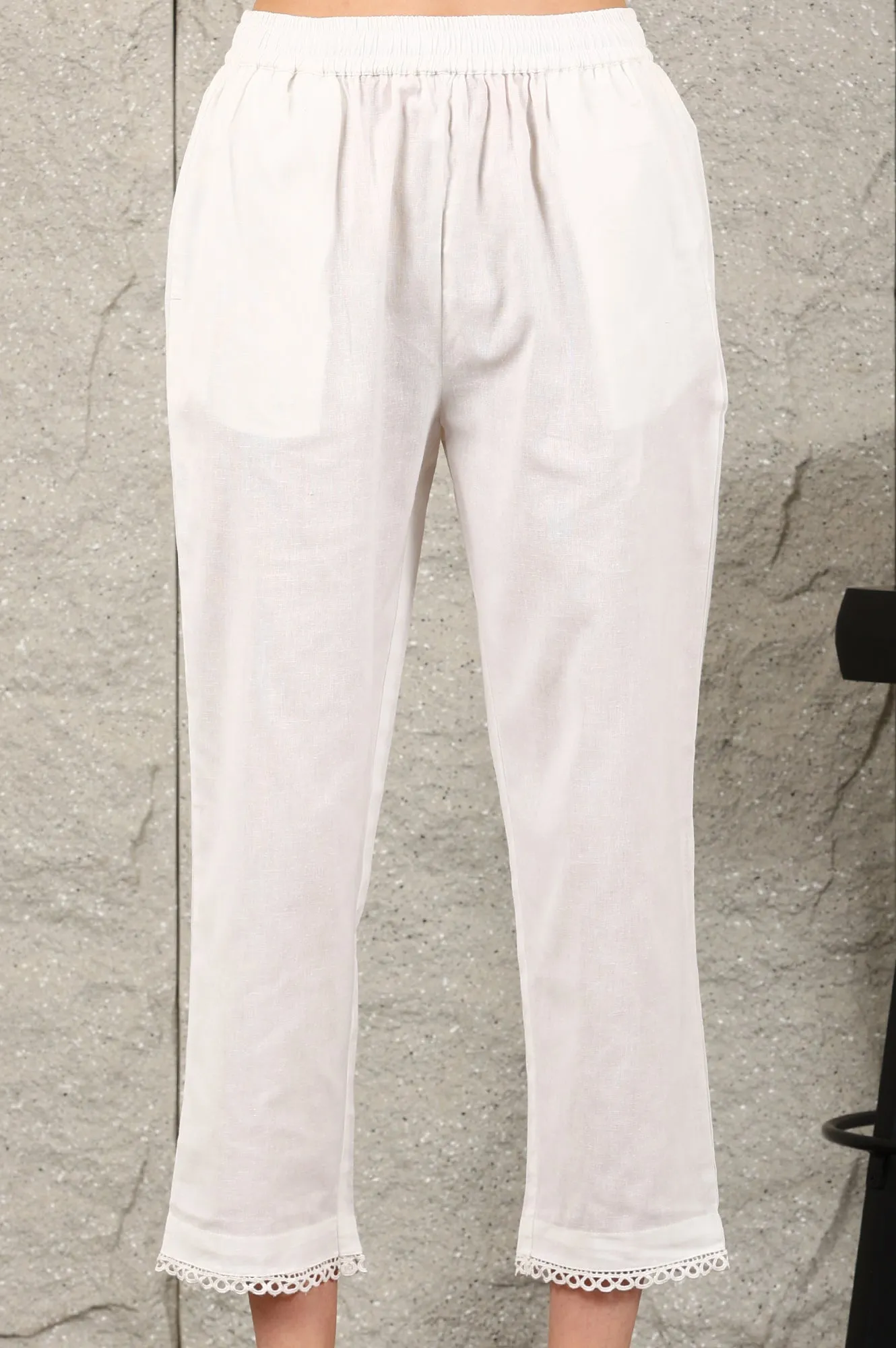 White Thread Embroidered Linen Rayon Crepe Straight Kurta And Pants Set