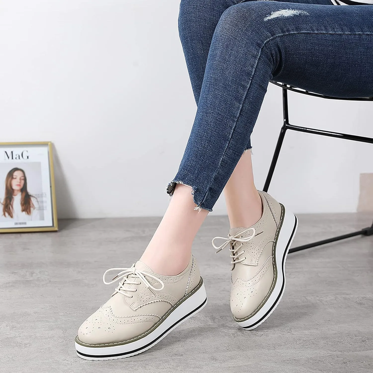 Women's Lace-Up Brogues Sneakers Causal Platform Round Toe Oxfords Shoes