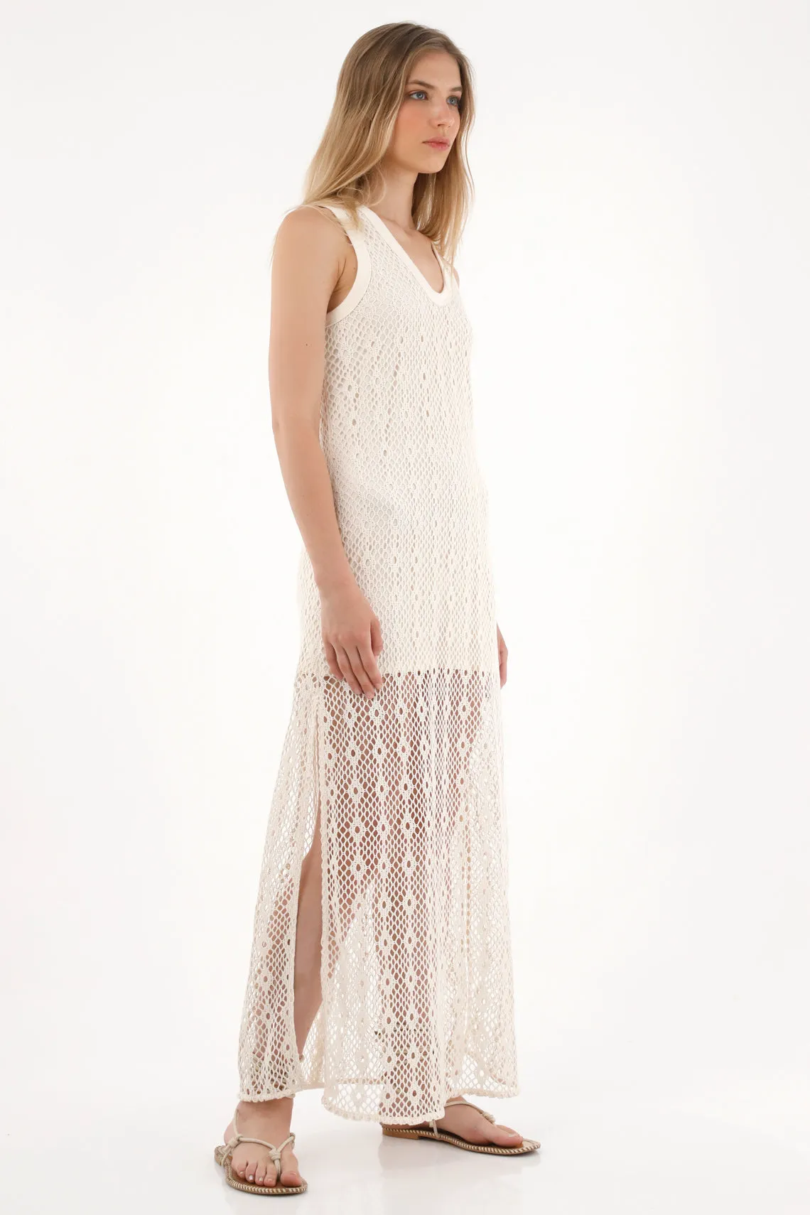 Women's Long Crocheted Dress in Natural Beige