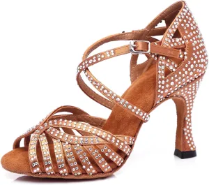 Women's Stylish Sparkle Rhinestones Peep Toe Satin Ballroom Jazz Tango Modern Party Wedding Professional Dance Shoes Bronze US 10.5