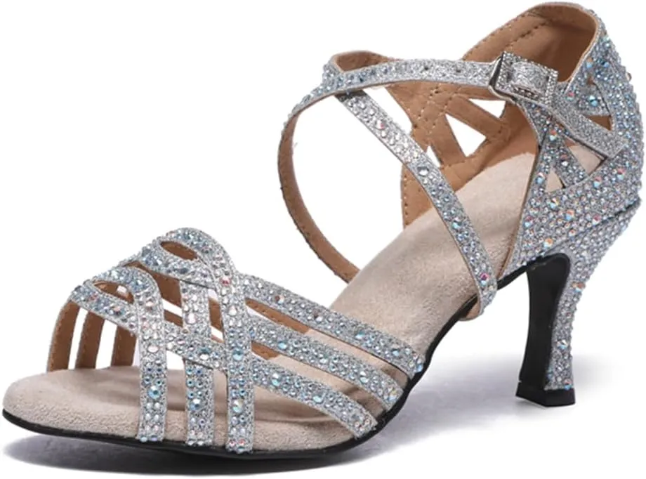 Women's Stylish Sparkle Rhinestones Peep Toe Satin Ballroom Modern Party Wedding Professional Dance Shoes Silver US 4