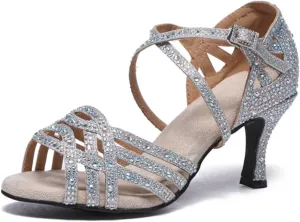 Women's Stylish Sparkle Rhinestones Peep Toe Satin Ballroom Modern Party Wedding Professional Dance Shoes Silver US 4
