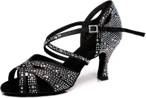 Women's Stylish Sparkle Rhinestones Peep Toe Satin Ballroom Modern Tango Party Wedding Performence Dance Shoes Black US 5
