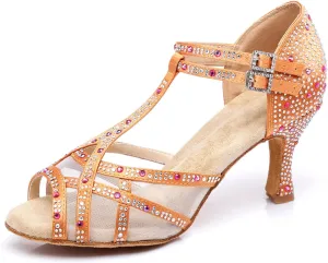 Women's Stylish Sparkle Rhinestones Peep Toe Satin Ballroom Salsa Party Wedding Practice Dance Shoes Orange Yellow US 8