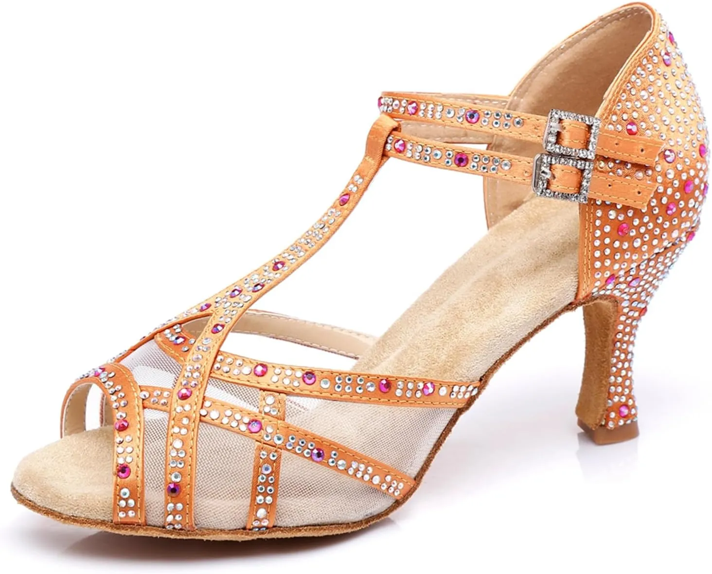Women's Stylish Sparkle Rhinestones Peep Toe Satin Ballroom Salsa Party Wedding Practice Dance Shoes Orange Yellow US 8