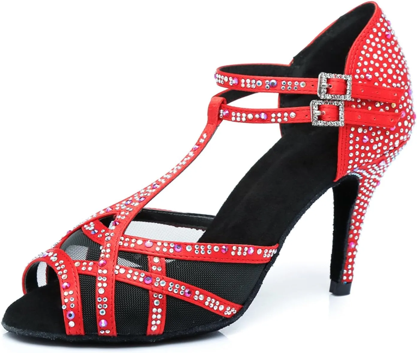 Women's Stylish Sparkle Rhinestones Peep Toe Satin Ballroom Salsa Party Wedding Practice Dance Shoes Red US 6