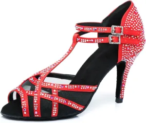 Women's Stylish Sparkle Rhinestones Peep Toe Satin Ballroom Salsa Party Wedding Practice Dance Shoes Red US 6
