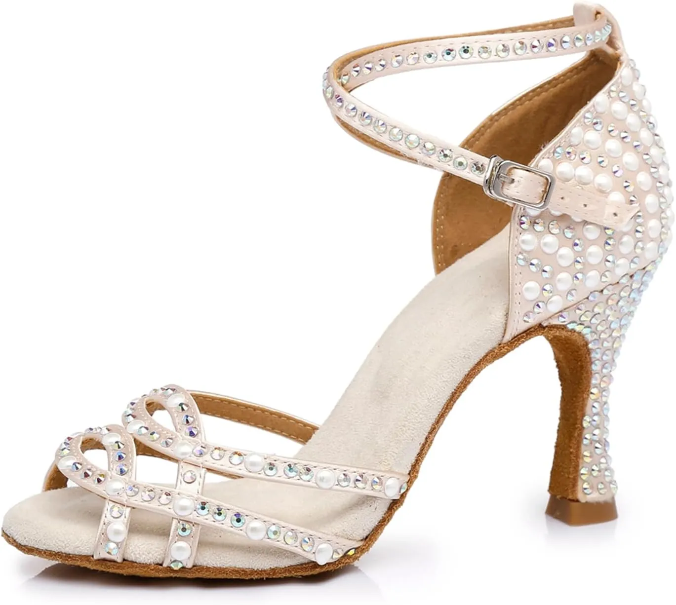 Women's Stylish Sparkle Rhinestones Peep Toe Satin Ballroom Samba Modern Party Wedding Professional Dance Shoes Nude US 8